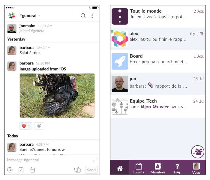 L'interface de messagerie sur Slack (à gauche) et Minsh (à droite)